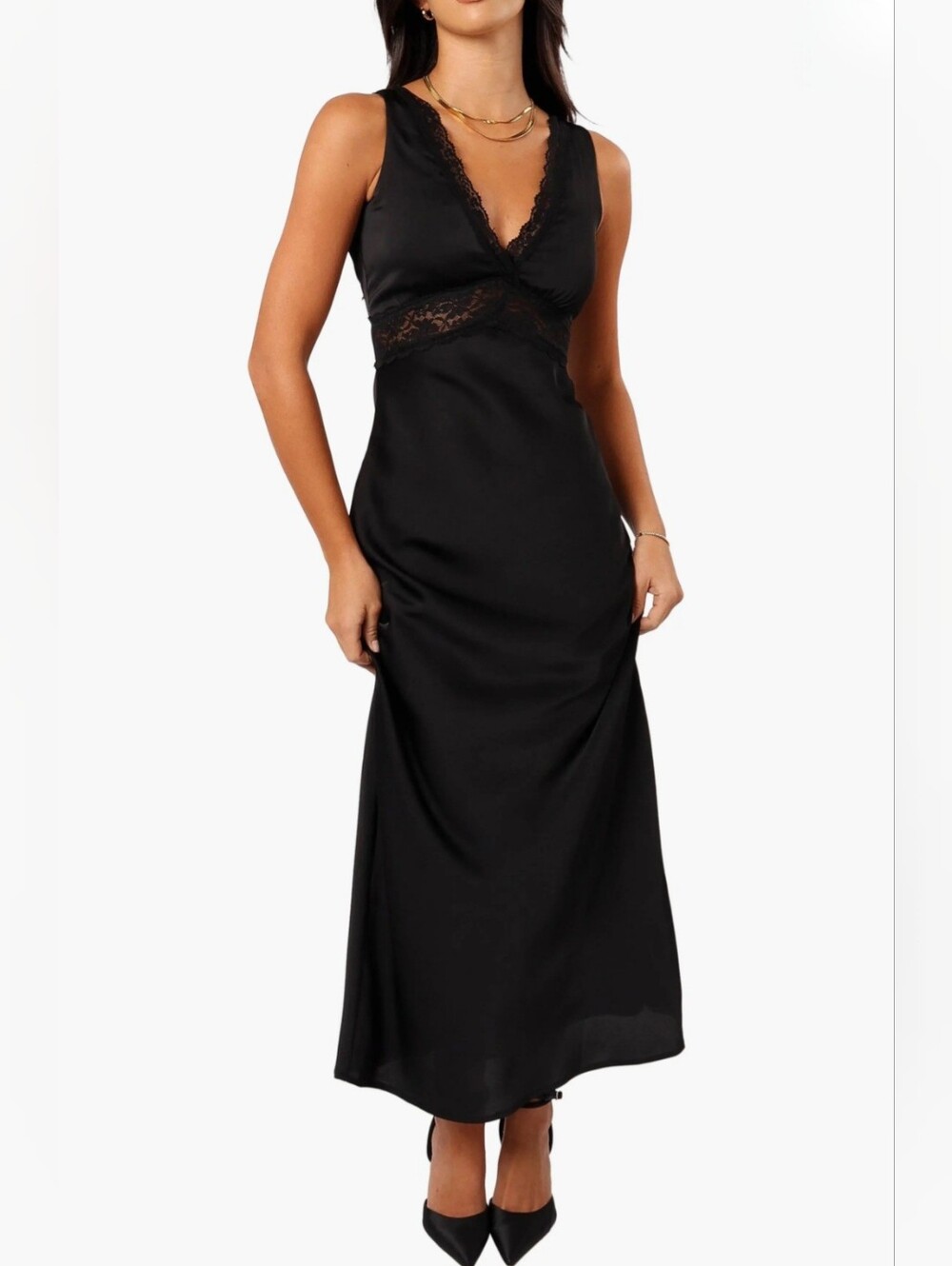 Petal & Pup Brennan Black Satin Lace-Trim Maxi Dress